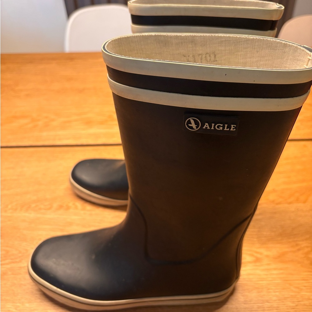 Aigle Black and Cream Rubber Boots